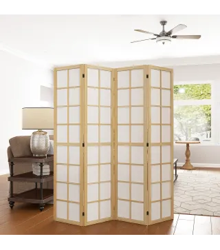 Biombo de 4 Paneles Plegable con Marco de Madera 160x170 cm para Dormitorio Oficina Salón Natural