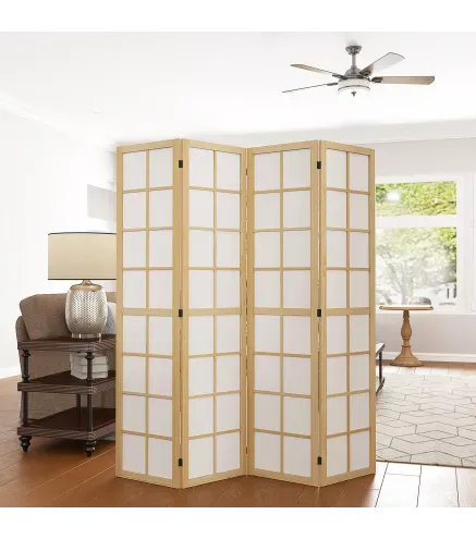 Biombo de 4 Paneles Plegable con Marco de Madera 160x170 cm para Dormitorio Oficina Salón Natural