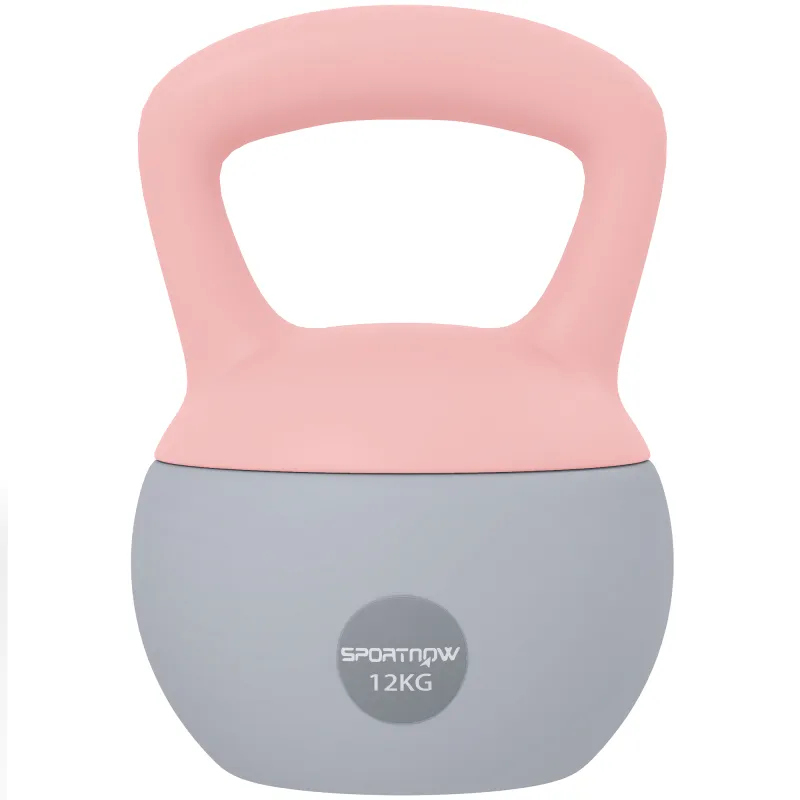 Pesa Rusa 12 kg Kettlebell Relleno de Arena Metálica Mango Antideslizante para Entreno en Casa 21x21x30 cm Rosa y Gris