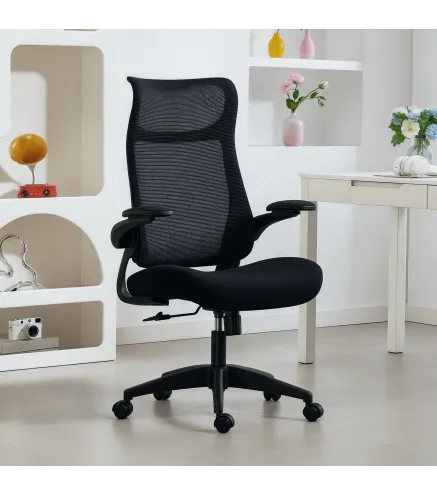 Silla de Oficina Ergonómica Giratoria de Malla con Soporte Lumbar Reposabrazos Abatibles Reposacabezas Basculante Negro