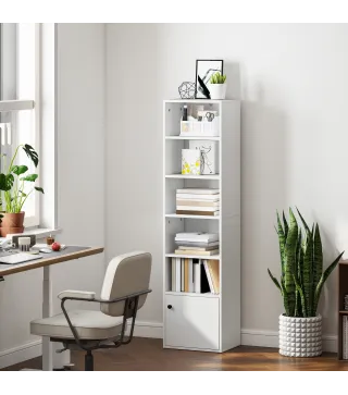 Librería de 5 Niveles Estantería para Libros Moderna con Estantes Abiertos y Puerta 40x30x156 cm Blanco