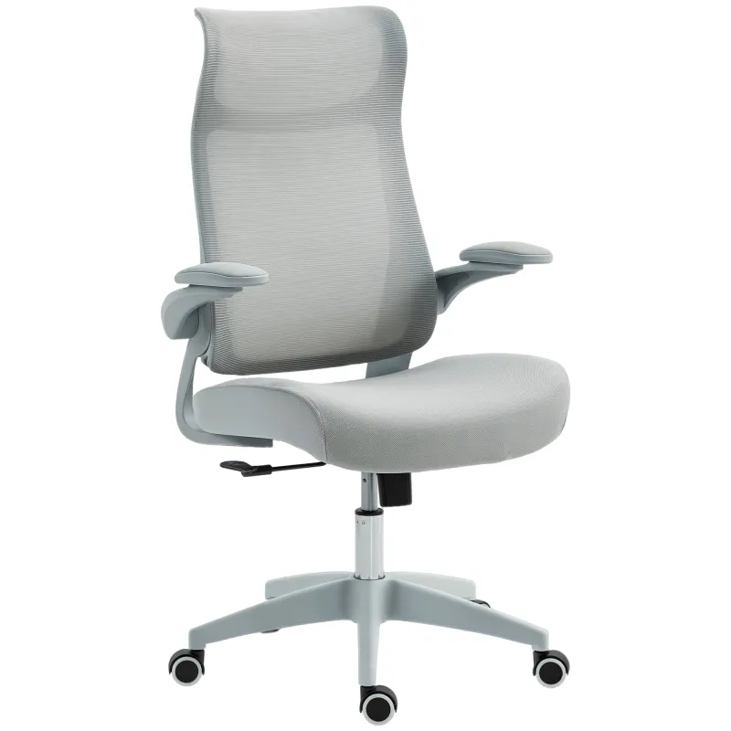 Silla de Oficina Ergonómica Giratoria de Malla con Soporte Lumbar Reposabrazos Abatibles Reposacabezas Basculante Gris