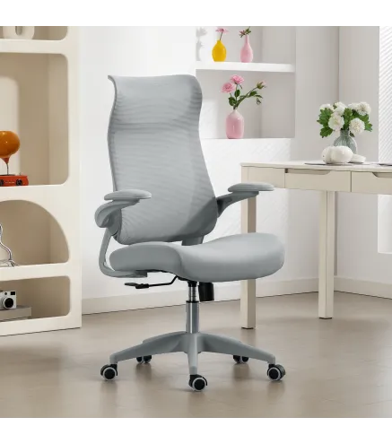 Silla de Oficina Ergonómica Giratoria de Malla con Soporte Lumbar Reposabrazos Abatibles Reposacabezas Basculante Gris