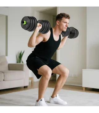 Juego de Mancuernas Ajustables 30 kg 3 en 1 con Barras de Conexión y Mangos Antideslizantes para Gimnasio en Casa Verde