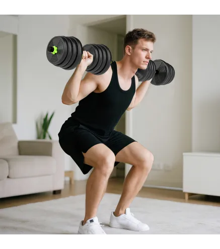 Juego de Mancuernas Ajustables 30 kg 3 en 1 con Barras de Conexión y Mangos Antideslizantes para Gimnasio en Casa Verde