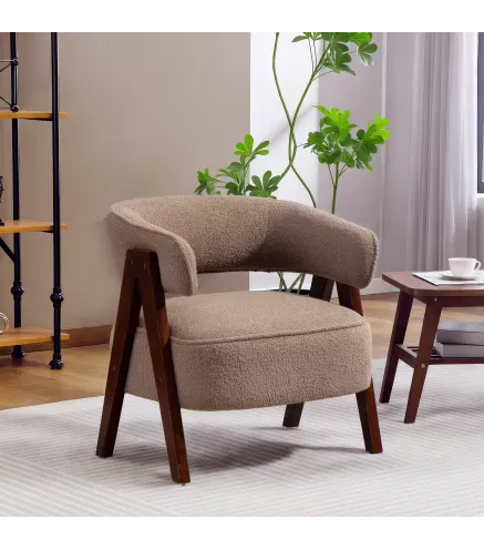 Butaca de Salón Tapizada en Borreguito Acolchada Gruesa Patas de Madera Respaldo Curvado 70x64x71 cm Marrón Claro