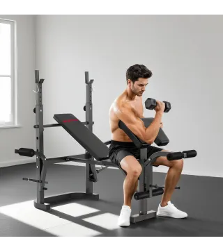 Banco de Musculación con Soporte para Barra Ajustable Extensión de Piernas Curl de Predicador y Mariposa para Gimnasio