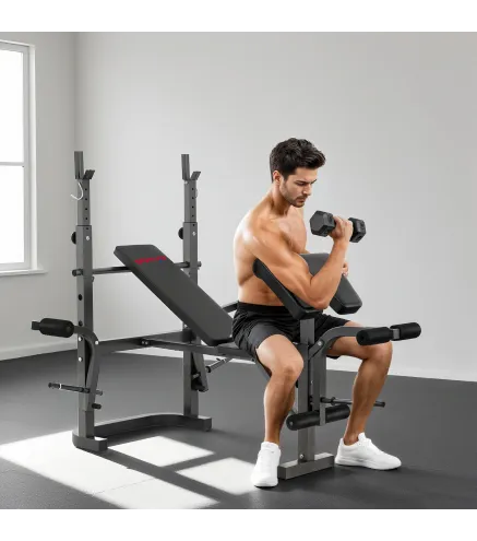 Banco de Musculación con Soporte para Barra Ajustable Extensión de Piernas Curl de Predicador y Mariposa para Gimnasio