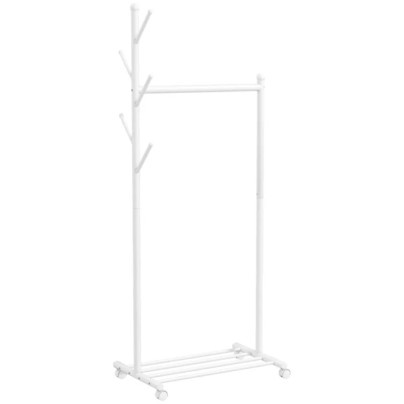 Burro para Ropa con Ruedas 5 Ganchos Barra para Colgar y Balda Inferior para Recibidor Entrada 68x43x171 cm Blanco Burro para Ropa con Ruedas 5 Ganchos Barra para Colgar y Balda Inferior para Recibidor Entrada 68x43x171 cm Blanco