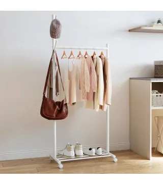 Burro para Ropa con Ruedas 5 Ganchos Barra para Colgar y Balda Inferior para Recibidor Entrada 68x43x171 cm Blanco