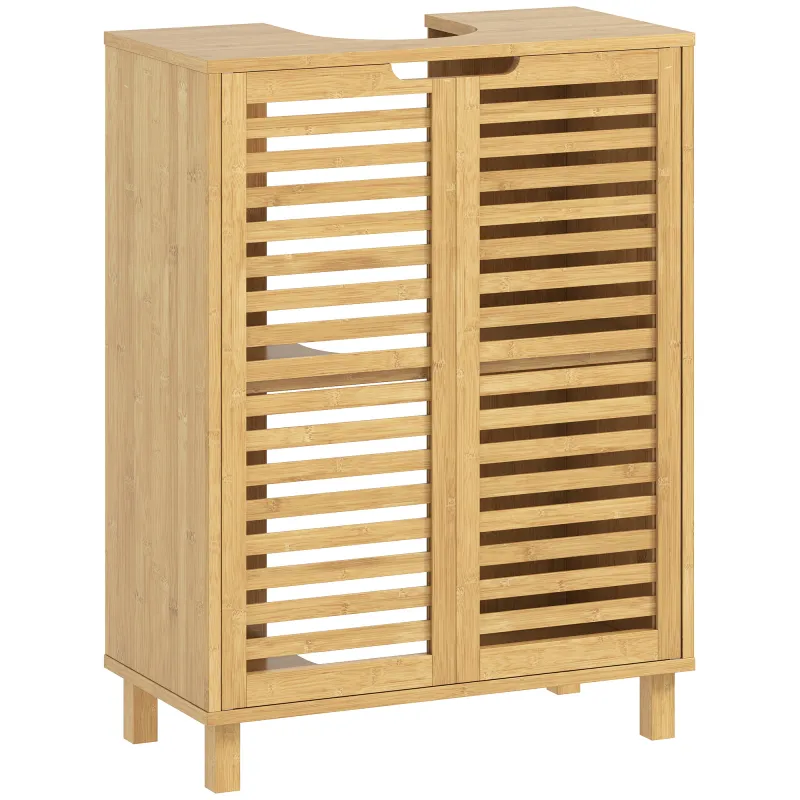 Mueble Bajo Lavabo de Bambú con 2 Puertas de Lamas Estante Ajustable para Lavabos con o sin Pedestal Natural