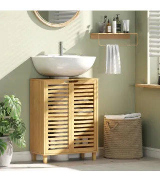 Mueble Bajo Lavabo de Bambú con 2 Puertas de Lamas Estante Ajustable para Lavabos con o sin Pedestal Natural
