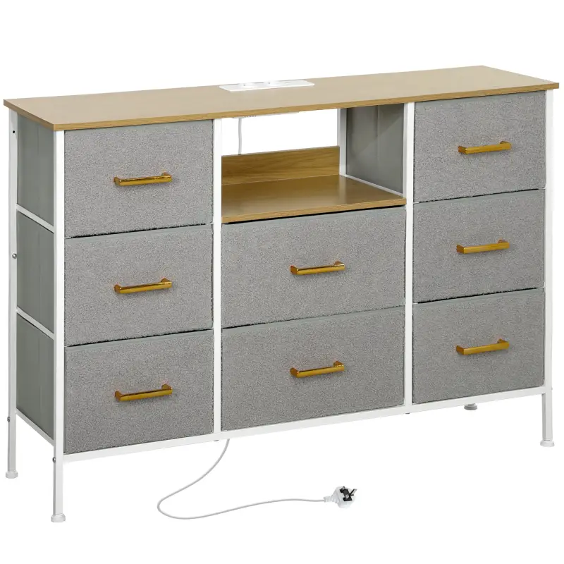 Cómoda con 8 Cajones de Tela Acabado en Borreguito Sintético Estación de Carga y Carga USB-C para Dormitorio Gris