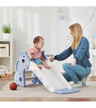 Tobogán Infantil 3 en 1 para Niños 1-3 Años con Escalera Canasta de Baloncesto y Diseño de Jirafa 106x51,5x52 cm Azul