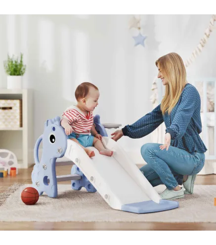 Tobogán Infantil 3 en 1 para Niños 1-3 Años con Escalera Canasta de Baloncesto y Diseño de Jirafa 106x51,5x52 cm Azul