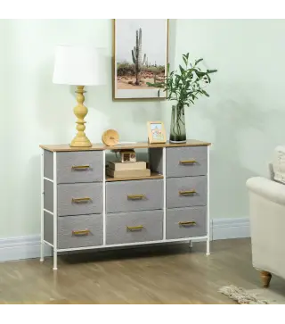 Cómoda con 8 Cajones de Tela Acabado en Borreguito Sintético Estación de Carga y Carga USB-C para Dormitorio Gris