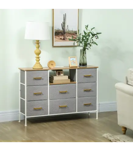 Cómoda con 8 Cajones de Tela Acabado en Borreguito Sintético Estación de Carga y Carga USB-C para Dormitorio Gris