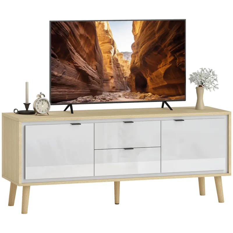 Mueble de TV Moderno de 2 Puertas 2 Cajones Orificios y Estantes Extraíbles 120x35x50 cm Blanco Brillo y Roble