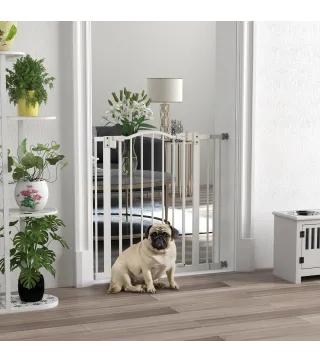 Barrera de Seguridad para Perros 74-87 cm con Extensión Montaje a Presión Doble Bloqueo para Puerta Escalera Blanco