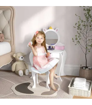 Tocador Infantil con Taburete y Espejo Tocador para Niñas con Cajón Compartimentos Diseño de Unicornio Blanco