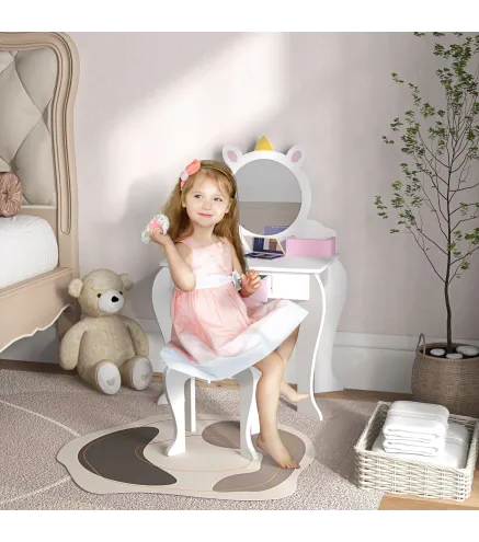 Tocador Infantil con Taburete y Espejo Tocador para Niñas con Cajón Compartimentos Diseño de Unicornio Blanco