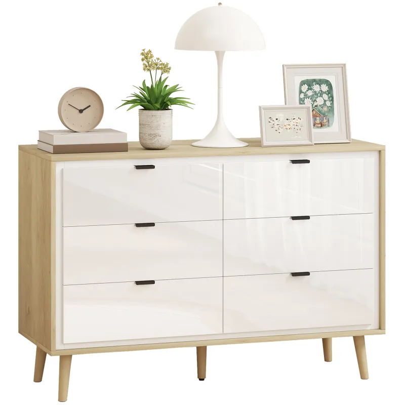 Cómoda 6 Cajones Cómoda Dormitorio con Patas de Madera Estilo Moderno 110x40x75 cm Blanco Brillo y Roble