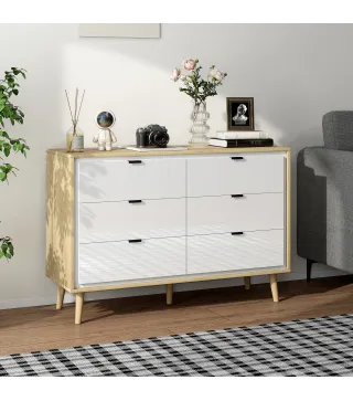 Cómoda 6 Cajones Cómoda Dormitorio con Patas de Madera Estilo Moderno 110x40x75 cm Blanco Brillo y Roble