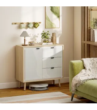 Aparador para Salón Moderno con Puerta 3 Cajones Estante Ajustable para Comedor Entrada 80x35x77 cm Blanco y Roble