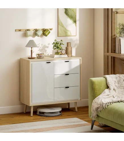 Aparador para Salón Moderno con Puerta 3 Cajones Estante Ajustable para Comedor Entrada 80x35x77 cm Blanco y Roble