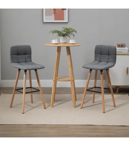 Juego de 2 Taburetes Altos de Cocina con Respaldo Reposapiés Patas de Madera Estilo Moderno Gris