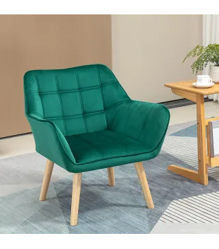 Butaca de Salón Moderna Tapizado en Terciopelo con Patas de Madera Sillón Relax para Sala de Estar Verde