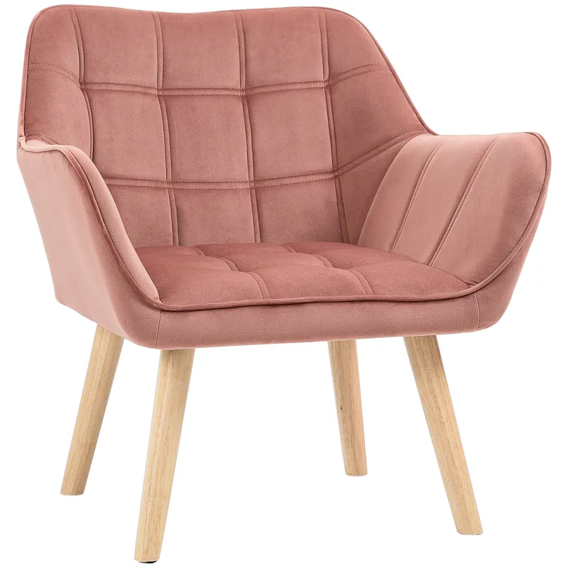 Butaca de Salón Moderna Tapizado en Terciopelo con Asiento Ancho Patas de Madera Sillón Relax para Sala de Estar Rosa