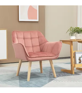 Butaca de Salón Moderna Tapizado en Terciopelo con Asiento Ancho Patas de Madera Sillón Relax para Sala de Estar Rosa