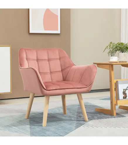 Butaca de Salón Moderna Tapizado en Terciopelo con Asiento Ancho Patas de Madera Sillón Relax para Sala de Estar Rosa