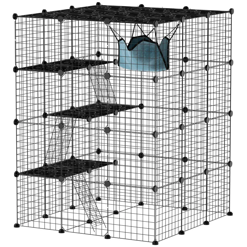 Jaula Grande para Gatos Interior de 4 Niveles con 5 Puertas 3 Plataformas de Salto 3 Rampas Hamaca 105x105x140 cm Negro