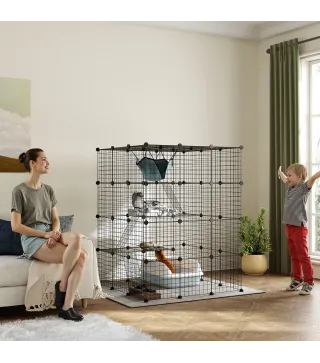 Jaula Grande para Gatos Interior de 4 Niveles con 5 Puertas 3 Plataformas de Salto 3 Rampas Hamaca 105x105x140 cm Negro