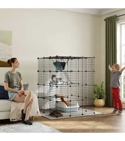 Jaula Grande para Gatos Interior de 4 Niveles con 5 Puertas 3 Plataformas de Salto 3 Rampas Hamaca 105x105x140 cm Negro