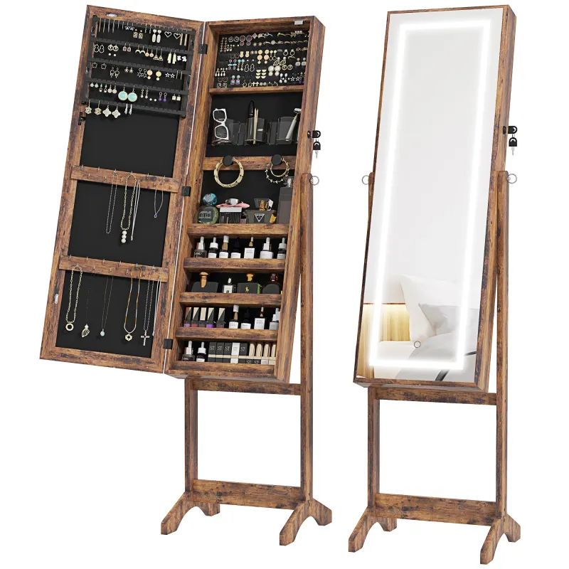 Espejo Joyero con Luces LED Inclinado en 3 Ángulos Cierre Magnético Cerradura con 2 Llaves Marrón Rústico Espejo Joyero con Luces LED Inclinado en 3 Ángulos Cierre Magnético Cerradura con 2 Llaves Marrón Rústico