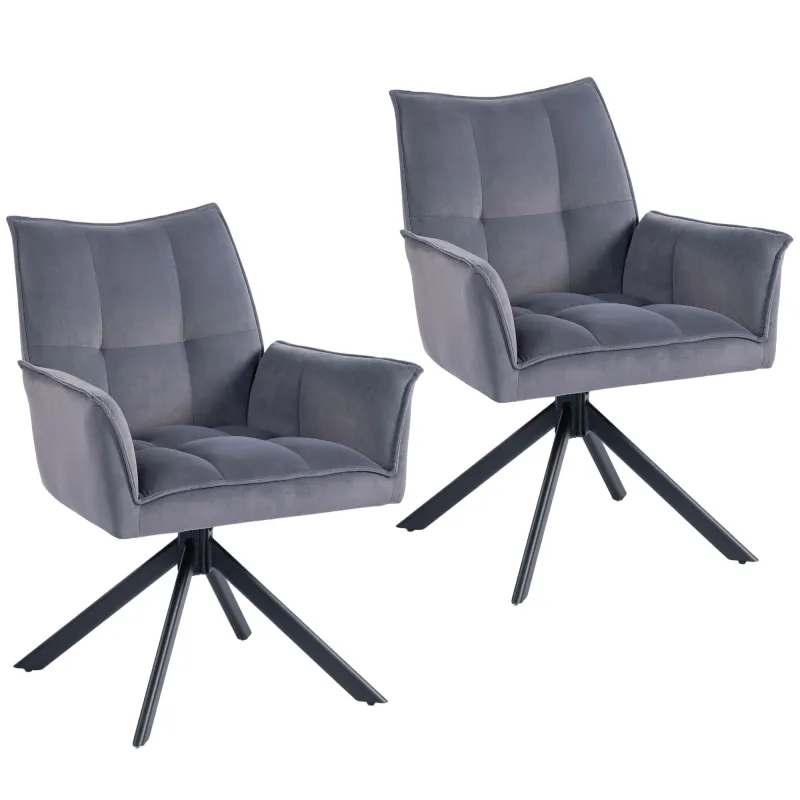 Juego de 2 Sillas de Comedor Giratorias con Reposabrazos Respaldo Acolchado Tapizado en Terciopelo Patas de Acero Gris