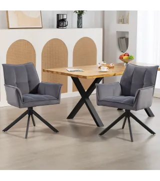 Juego de 2 Sillas de Comedor Giratorias con Reposabrazos Respaldo Acolchado Tapizado en Terciopelo Patas de Acero Gris