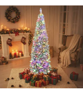 Árbol de Navidad Estrecho 210 cm con Luces LED Bicolores 11 Modos de Iluminación 687 Ramas Verde