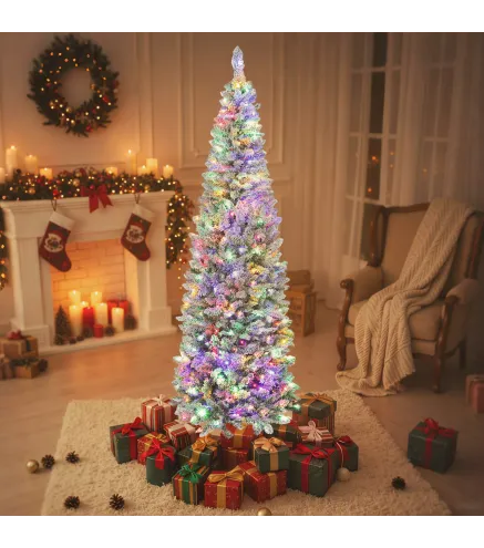 Árbol de Navidad Estrecho 210 cm con Luces LED Bicolores 11 Modos de Iluminación 687 Ramas Verde