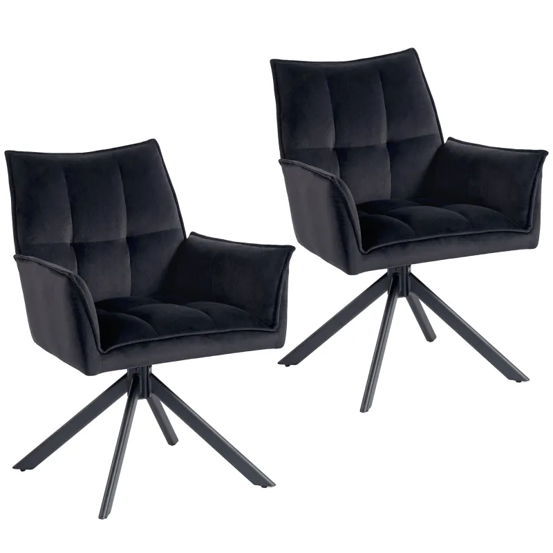 Pack de 2 Sillas de Comedor Giratorias con Reposabrazos Respaldo Acolchado Tapizado en Terciopelo Patas de Acero Negro
