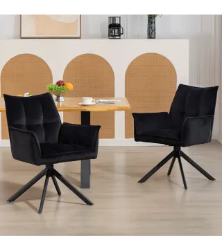 Pack de 2 Sillas de Comedor Giratorias con Reposabrazos Respaldo Acolchado Tapizado en Terciopelo Patas de Acero Negro