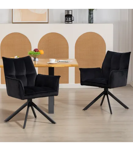 Pack de 2 Sillas de Comedor Giratorias con Reposabrazos Respaldo Acolchado Tapizado en Terciopelo Patas de Acero Negro