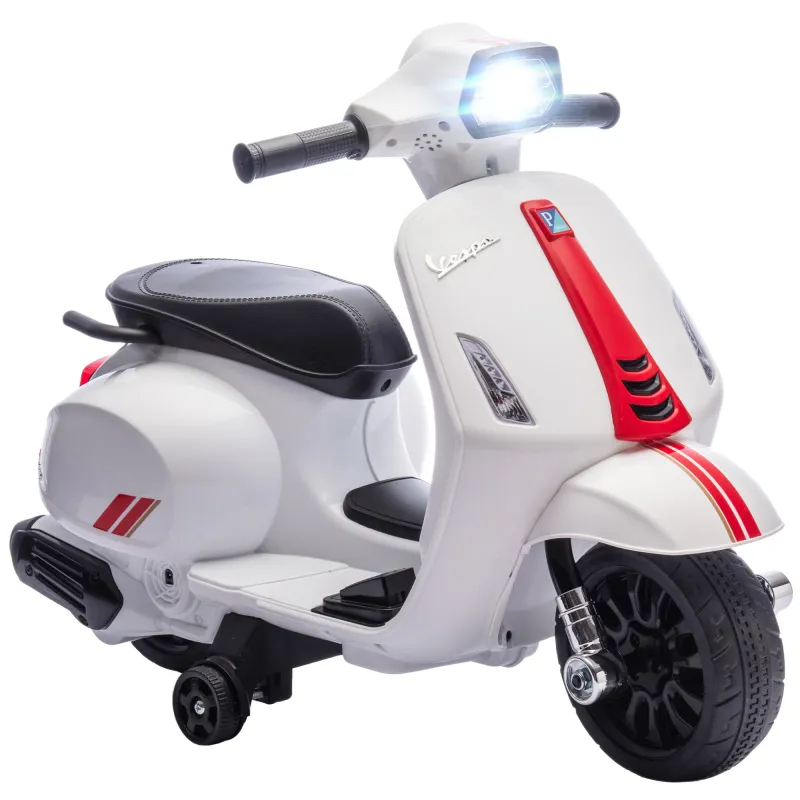 Moto Eléctrica para Niños de 2-6 Años con Batería 6V Faro Bocina y Ruedas Auxiliares Blanco
