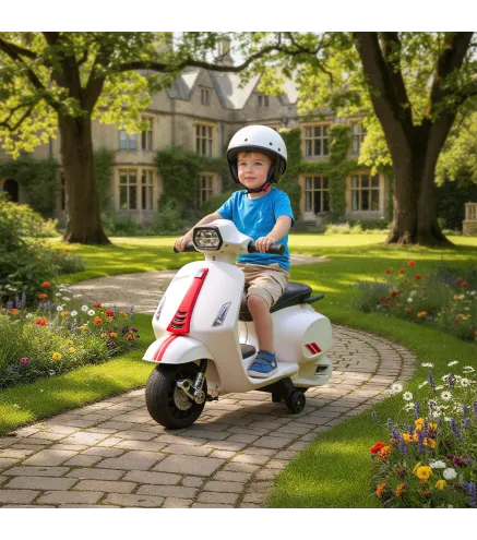 Moto Eléctrica para Niños de 2-6 Años con Batería 6V Faro Bocina y Ruedas Auxiliares Blanco