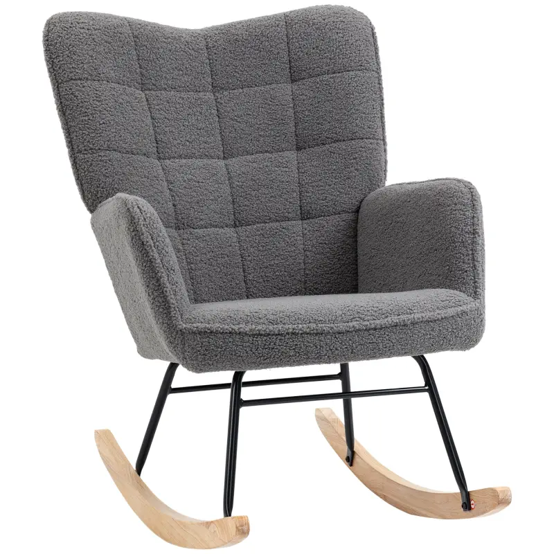 Silla Mecedora de Borreguito Sillón Balancín 40° con Patas de Madera de Haya Carga 120 kg 71x98x101 cm Gris Oscuro