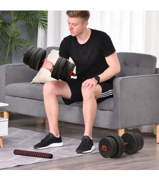 Juego de Mancuernas Ajustables 30 kg 2 en 1 con Barras Conexión y Mangos Antideslizantes para Gimnasio en Casa Negro