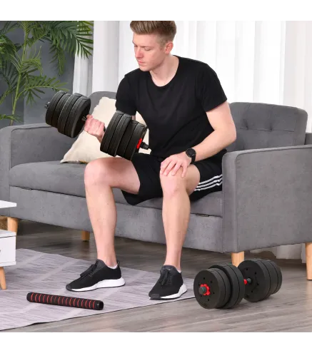 Juego de Mancuernas Ajustables 30 kg 2 en 1 con Barras Conexión y Mangos Antideslizantes para Gimnasio en Casa Negro